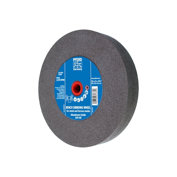 Pferd 12" x 2" Vitrified Bench Wheel - 1-1/2" A.H., Aluminum Oxide, 60 Grit 61781 - main